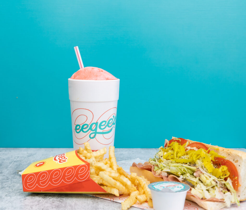 fries, sub sandwich, and eegee drink