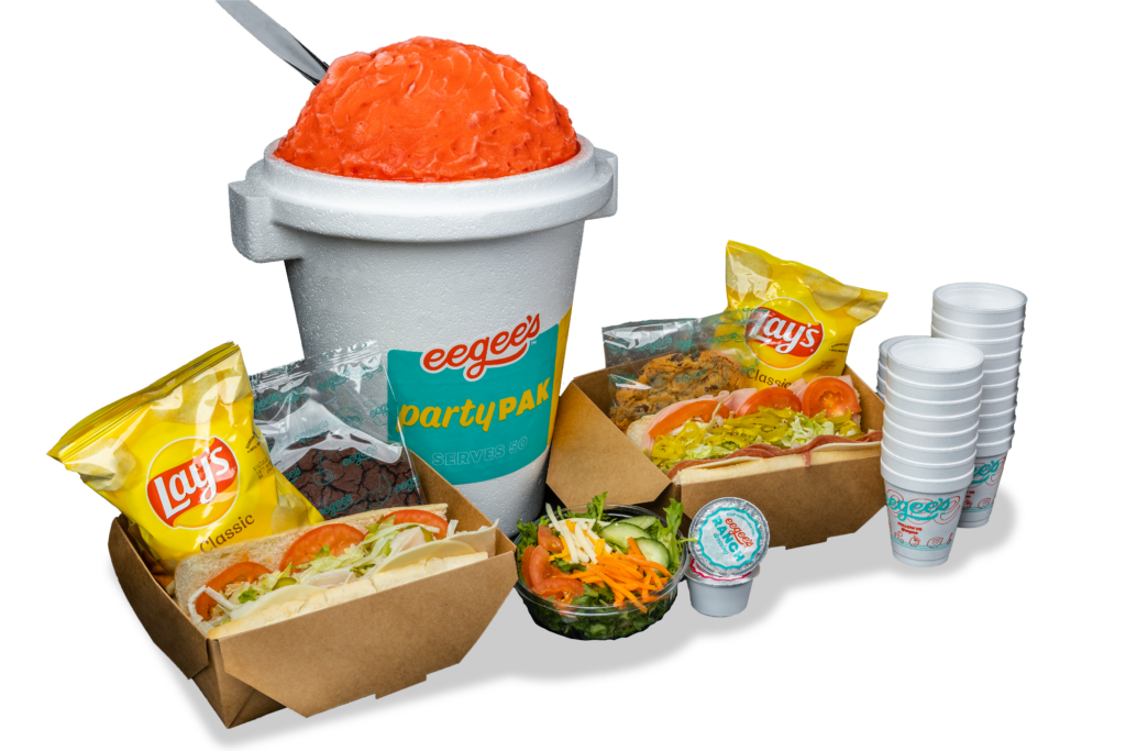 eegee's party catering food | individual boxes with chips, subs and a large container of eegee with cups
