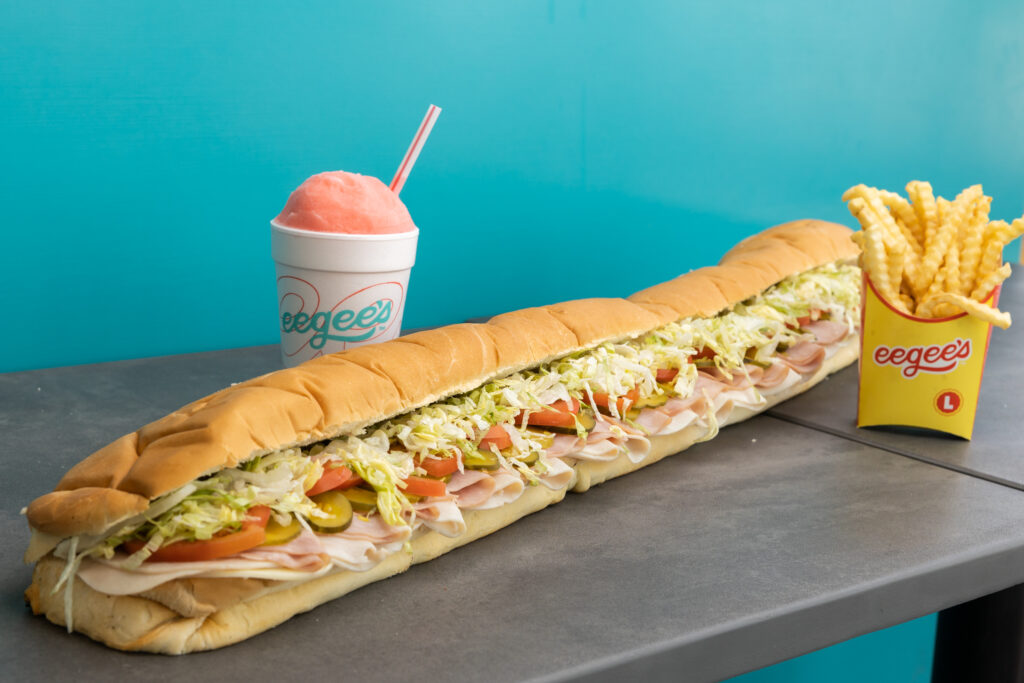 3 foot sub sandwich with eegee drink and side of fries