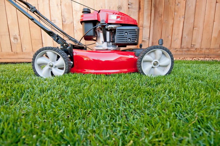 A bright red lawn mower tackles a lush green lawn.