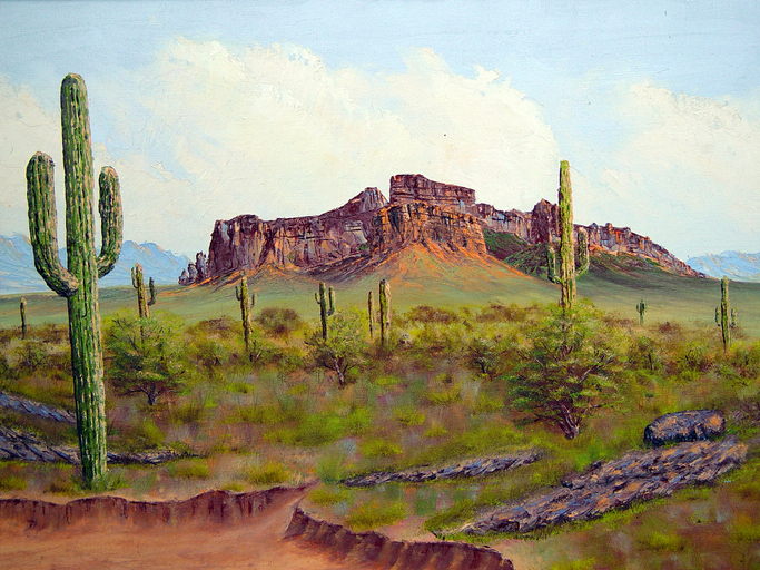 The open desert is depicted in this Acrylic painting. 