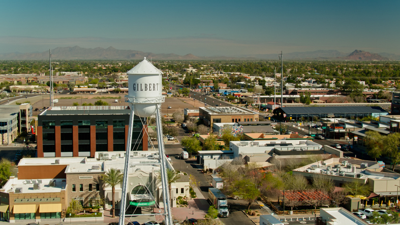 Aerial shot of Downtown Gilbert, Arizona on a clear sunny day